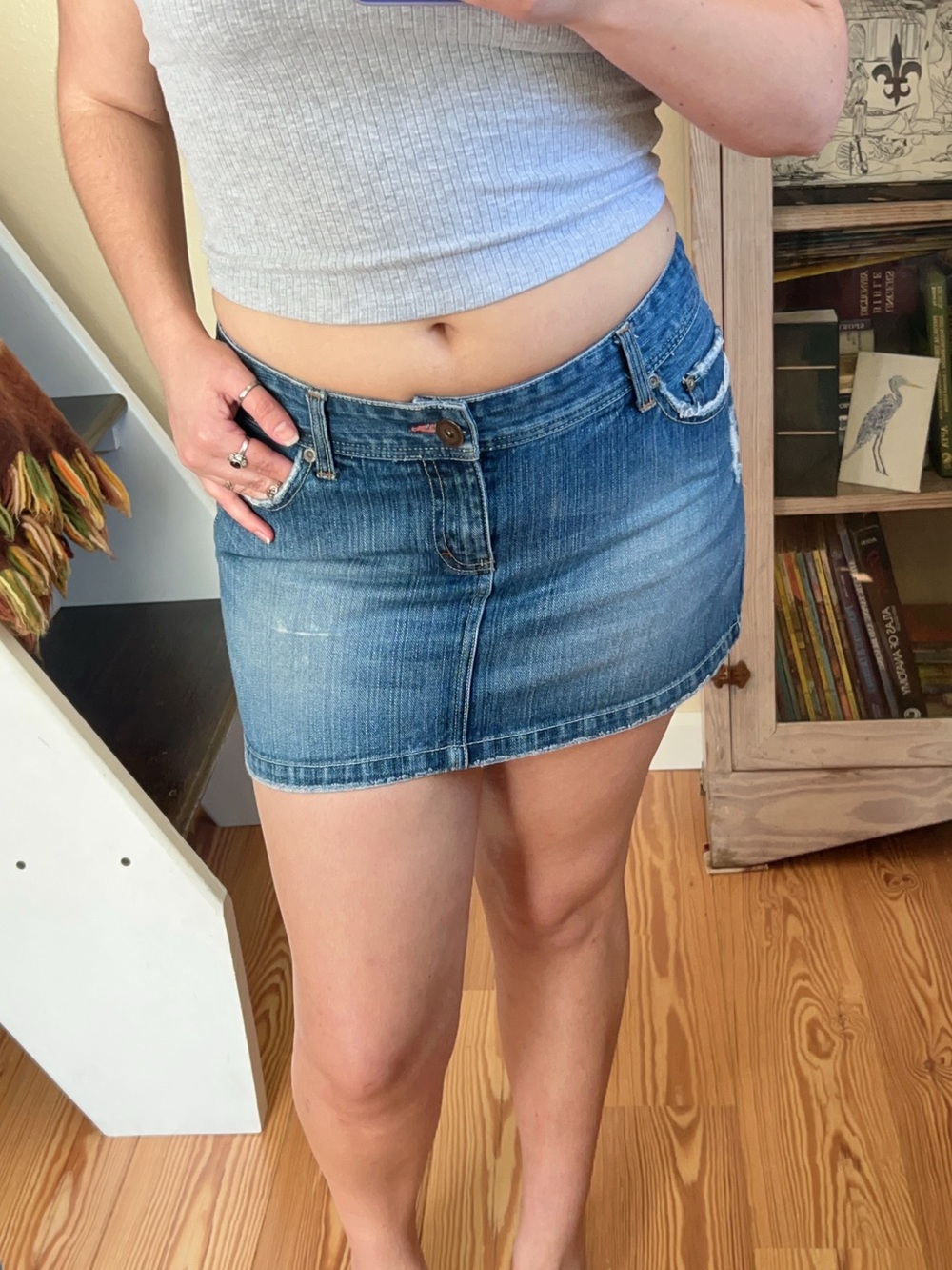 Vintage Y2K American Eagle Faded Denim Super Mini Skirt Low rise Pink Rhinestone - Picture 12 of 12